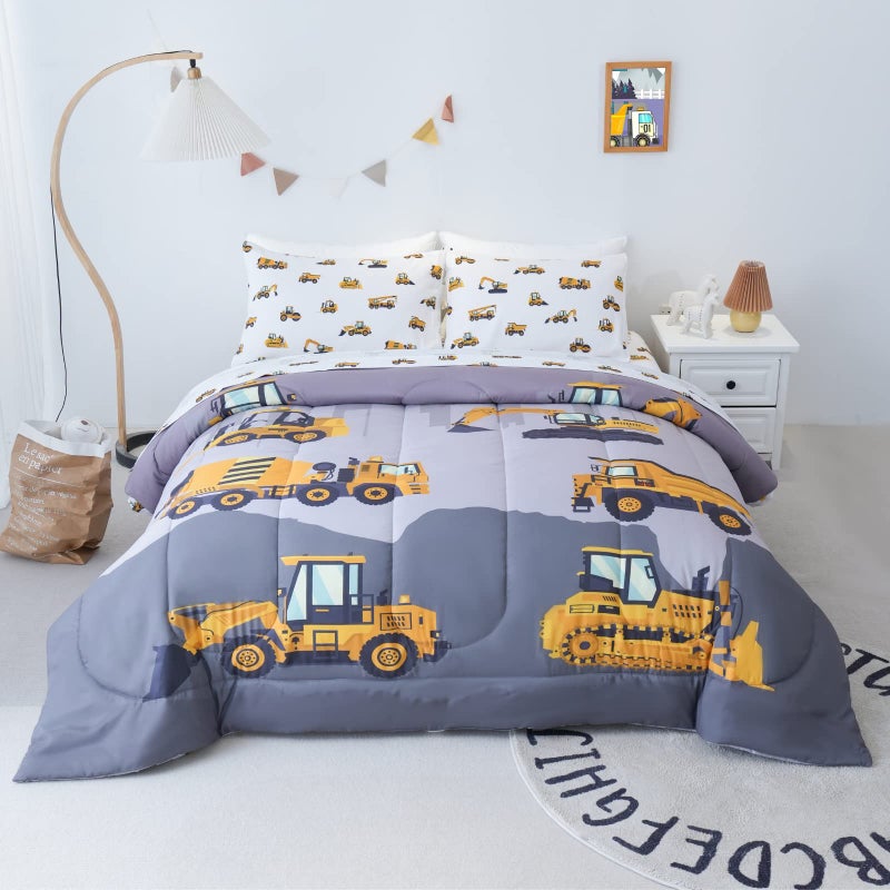 Cokouchyi Twin Size Comforter Set for Boys  4-Piece Bed in a Bag  3D Construction Bedding Comforter Sheet Set  Ultra Soft and Fluffy  Cartoon Truck Cars - Image 1